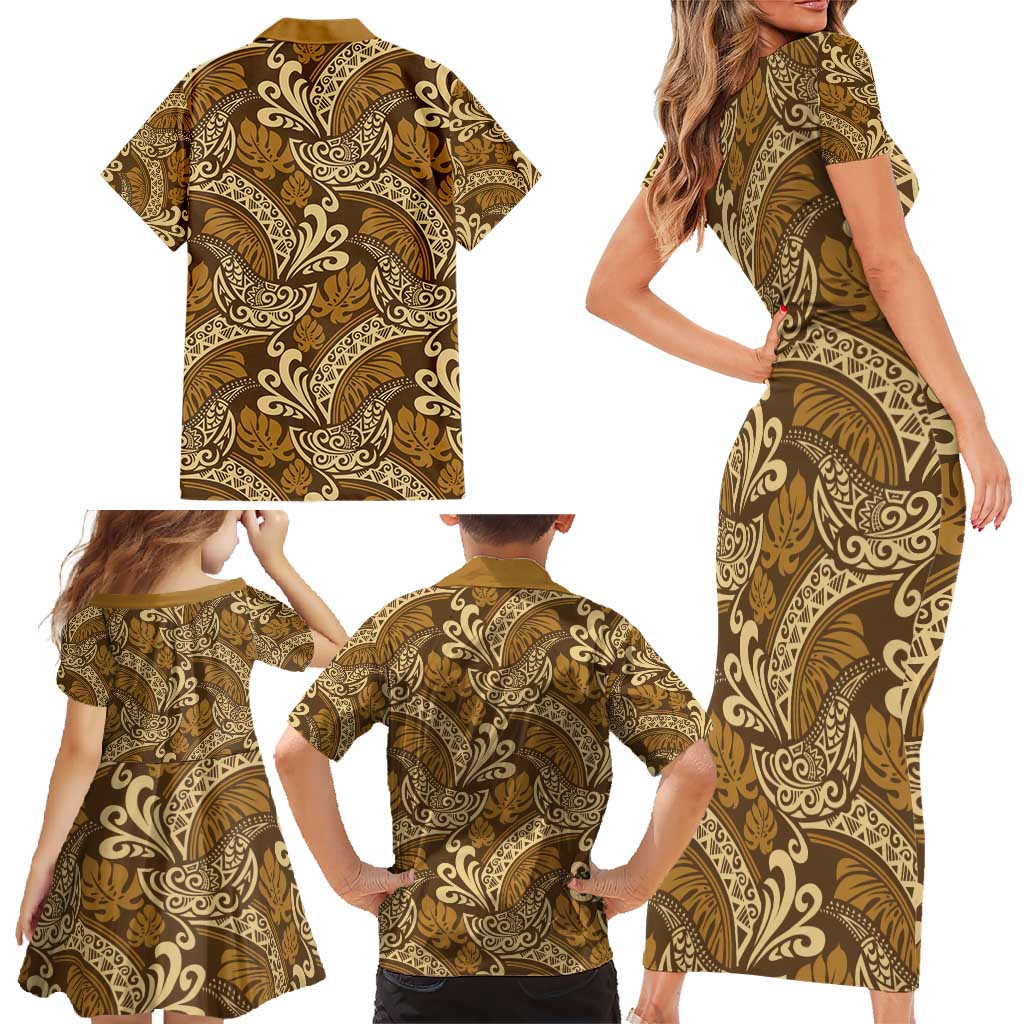 Brown Gold Monstera Family Matching Short Sleeve Bodycon Dress and Hawaiian Shirt Polynesian Tribal Pattern - Polynesian Pride