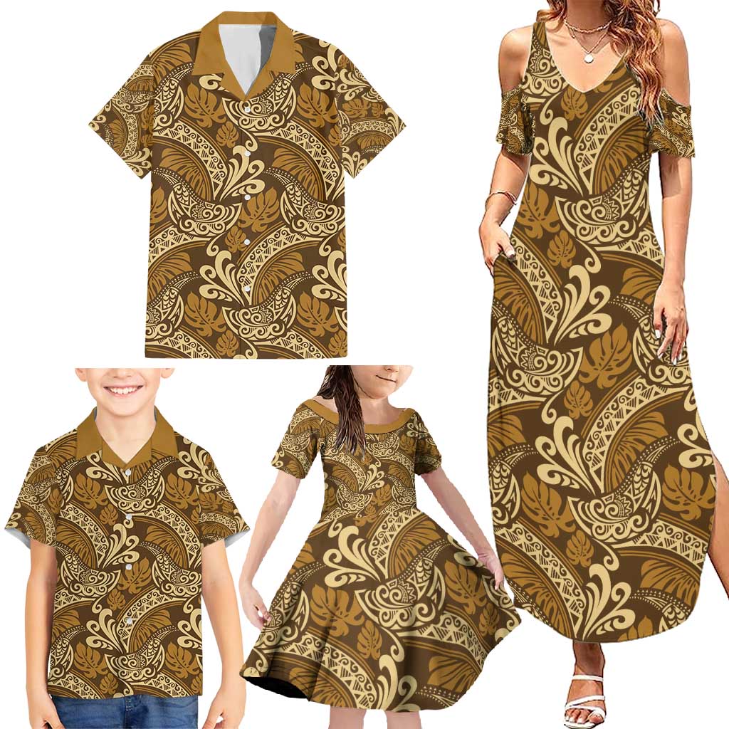 Brown Gold Monstera Family Matching Summer Maxi Dress and Hawaiian Shirt Polynesian Tribal Pattern - Polynesian Pride
