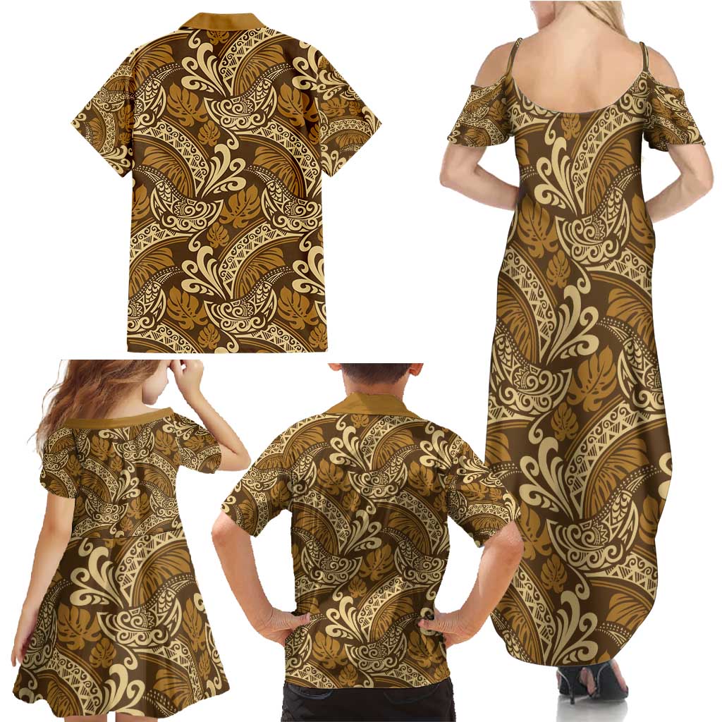 Brown Gold Monstera Family Matching Summer Maxi Dress and Hawaiian Shirt Polynesian Tribal Pattern - Polynesian Pride