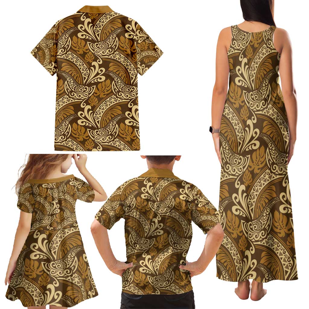Brown Gold Monstera Family Matching Tank Maxi Dress and Hawaiian Shirt Polynesian Tribal Pattern - Polynesian Pride