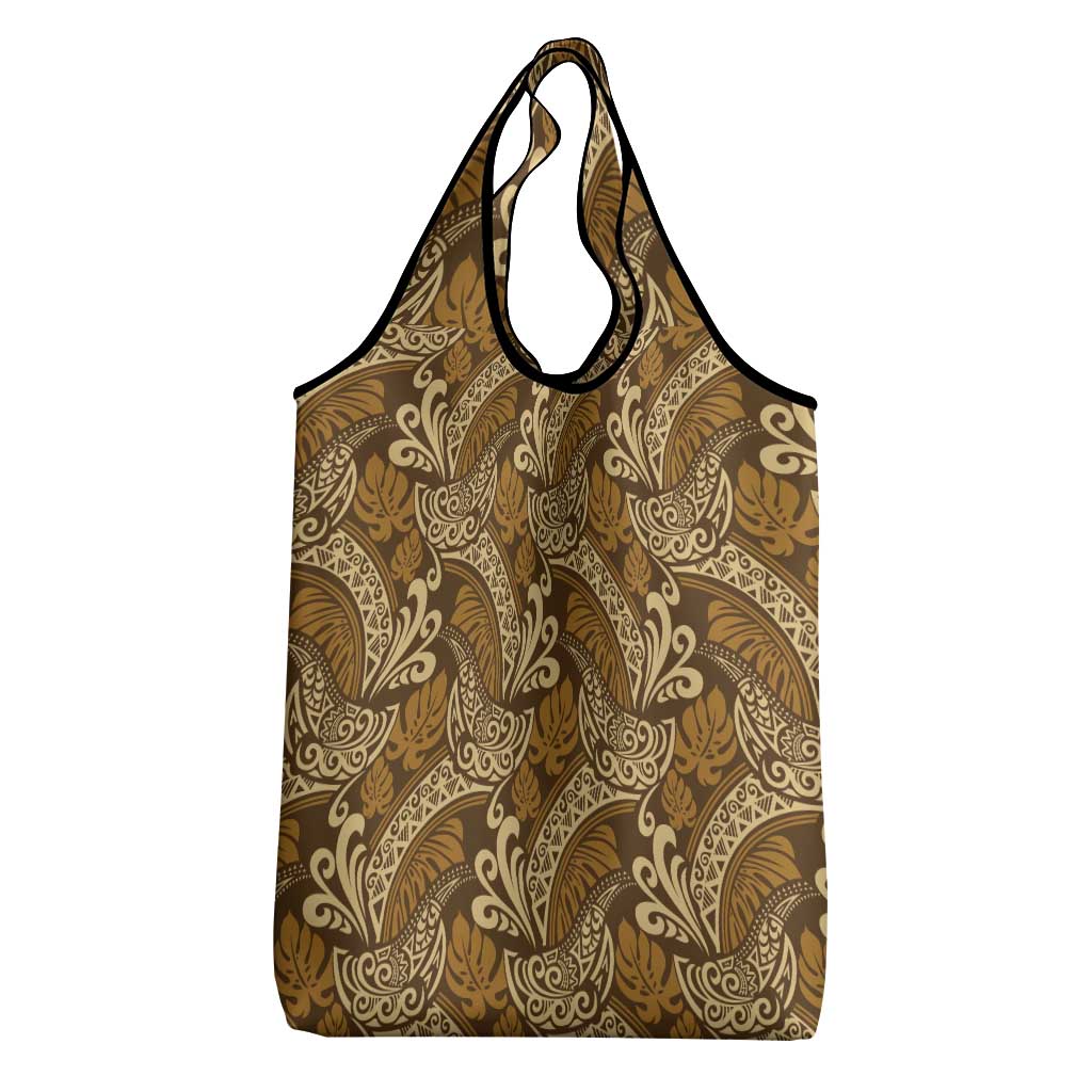 Brown Gold Monstera Grocery Bag Polynesian Tribal Pattern - Polynesian Pride