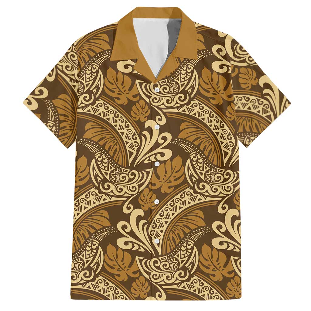 Brown Gold Monstera Hawaiian Shirt Polynesian Tribal Pattern - Polynesian Pride