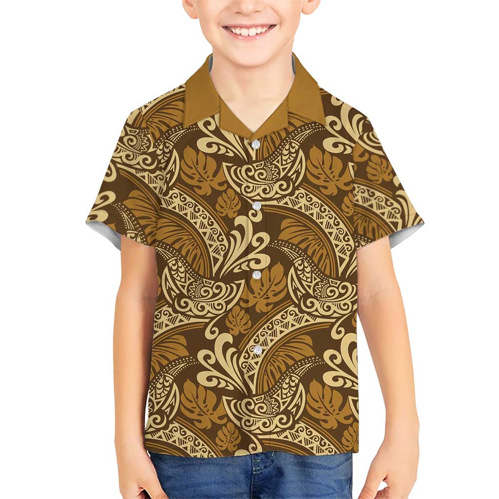 Brown Gold Monstera Hawaiian Shirt Polynesian Tribal Pattern - Polynesian Pride