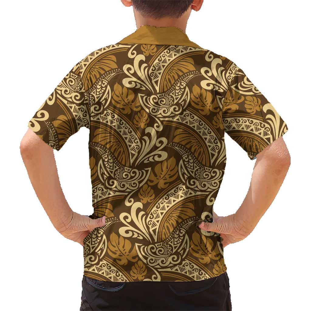 Brown Gold Monstera Hawaiian Shirt Polynesian Tribal Pattern - Polynesian Pride
