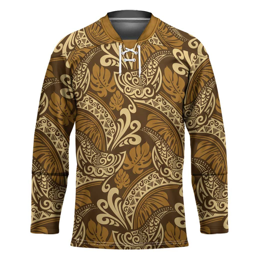 Brown Gold Monstera Hockey Jersey Polynesian Tribal Pattern - Polynesian Pride