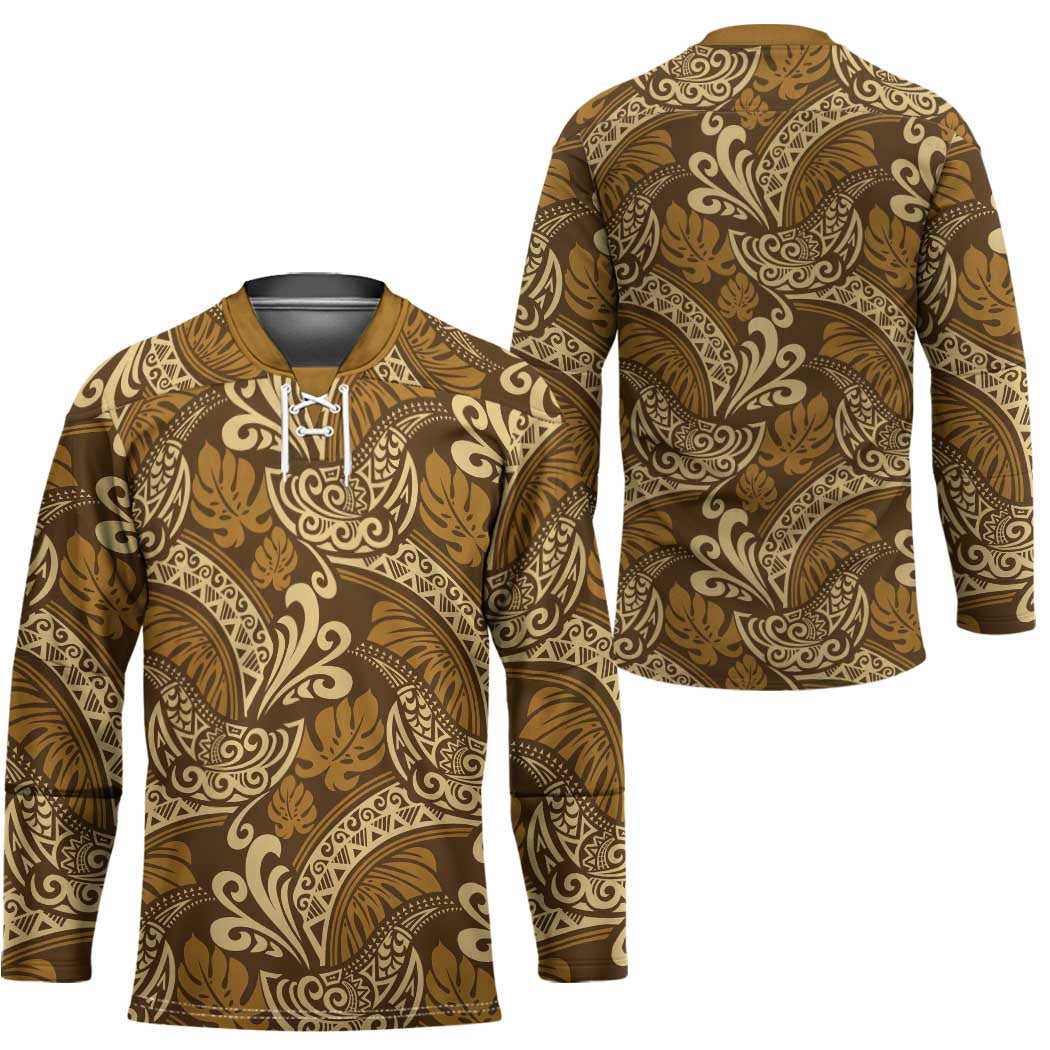 Brown Gold Monstera Hockey Jersey Polynesian Tribal Pattern - Polynesian Pride