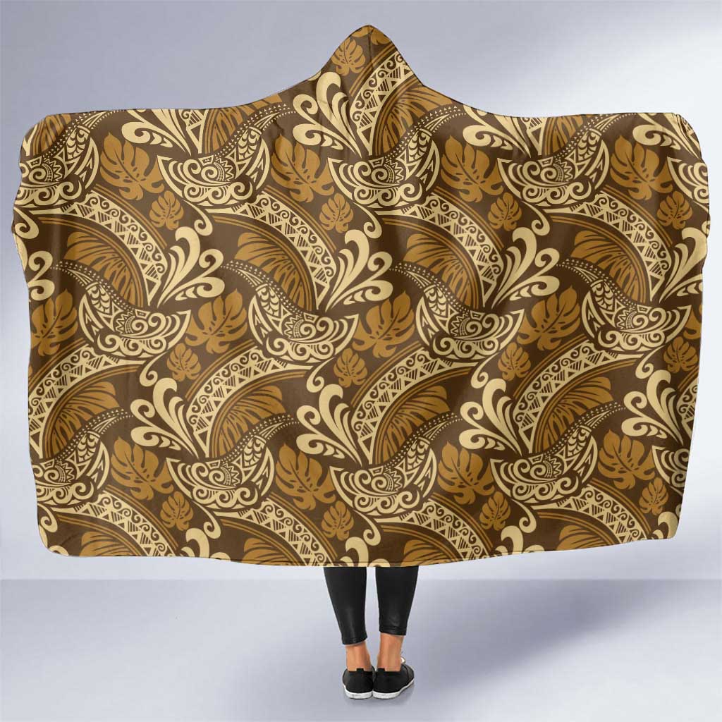 Brown Gold Monstera Hooded Blanket Polynesian Tribal Pattern - Polynesian Pride