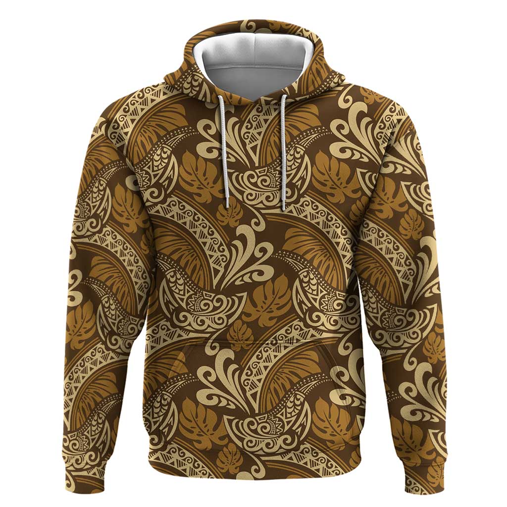 Brown Gold Monstera Hoodie Polynesian Tribal Pattern - Polynesian Pride