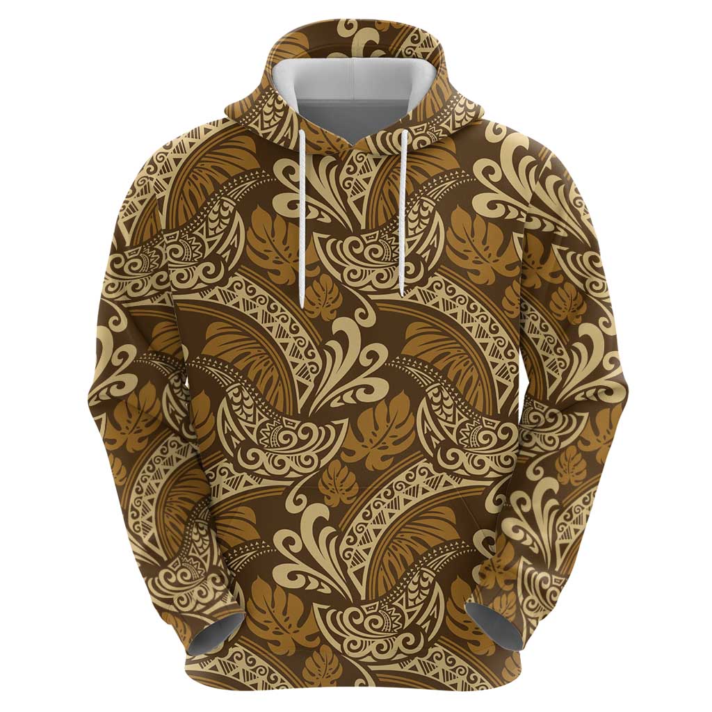 Brown Gold Monstera Hoodie Polynesian Tribal Pattern - Polynesian Pride