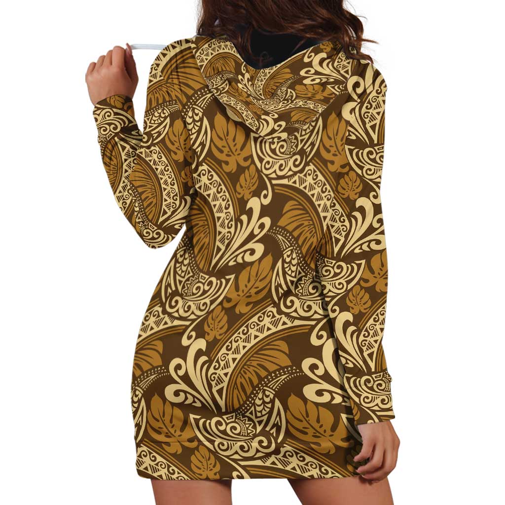 Brown Gold Monstera Hoodie Dress Polynesian Tribal Pattern - Polynesian Pride