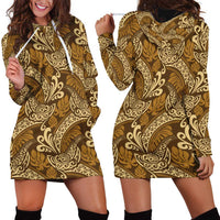 Brown Gold Monstera Hoodie Dress Polynesian Tribal Pattern - Polynesian Pride