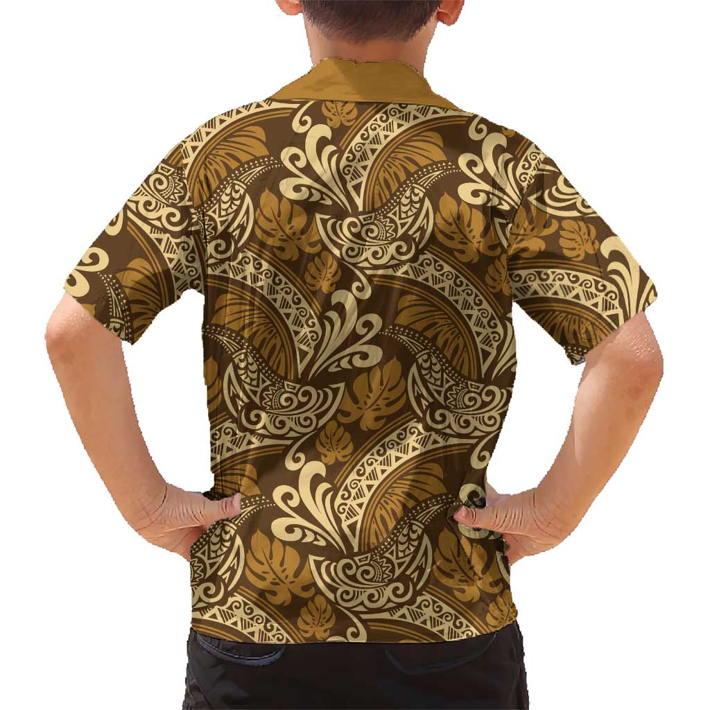 Brown Gold Monstera Kid Hawaiian Shirt Polynesian Tribal Pattern - Polynesian Pride