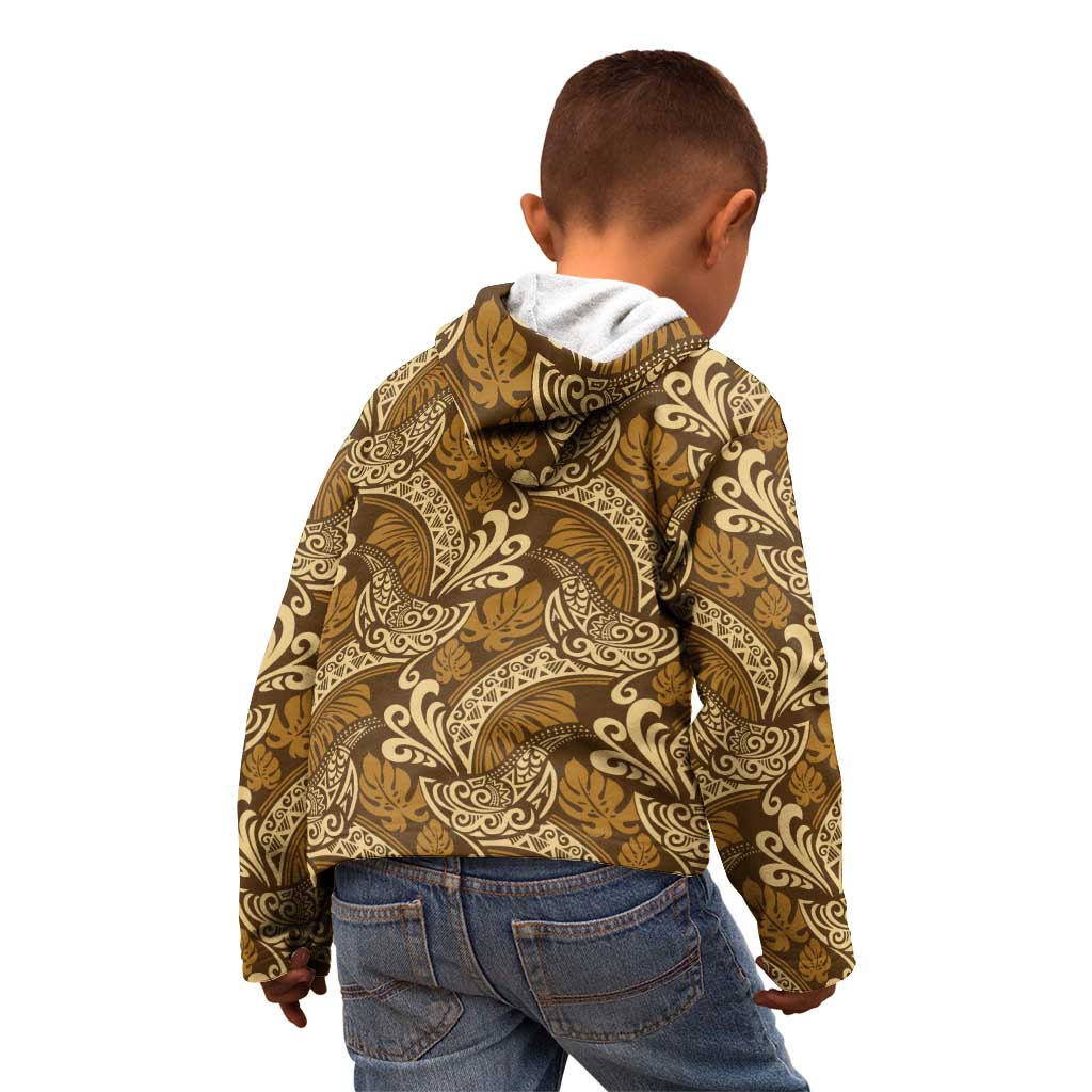 Brown Gold Monstera Kid Hoodie Polynesian Tribal Pattern - Polynesian Pride