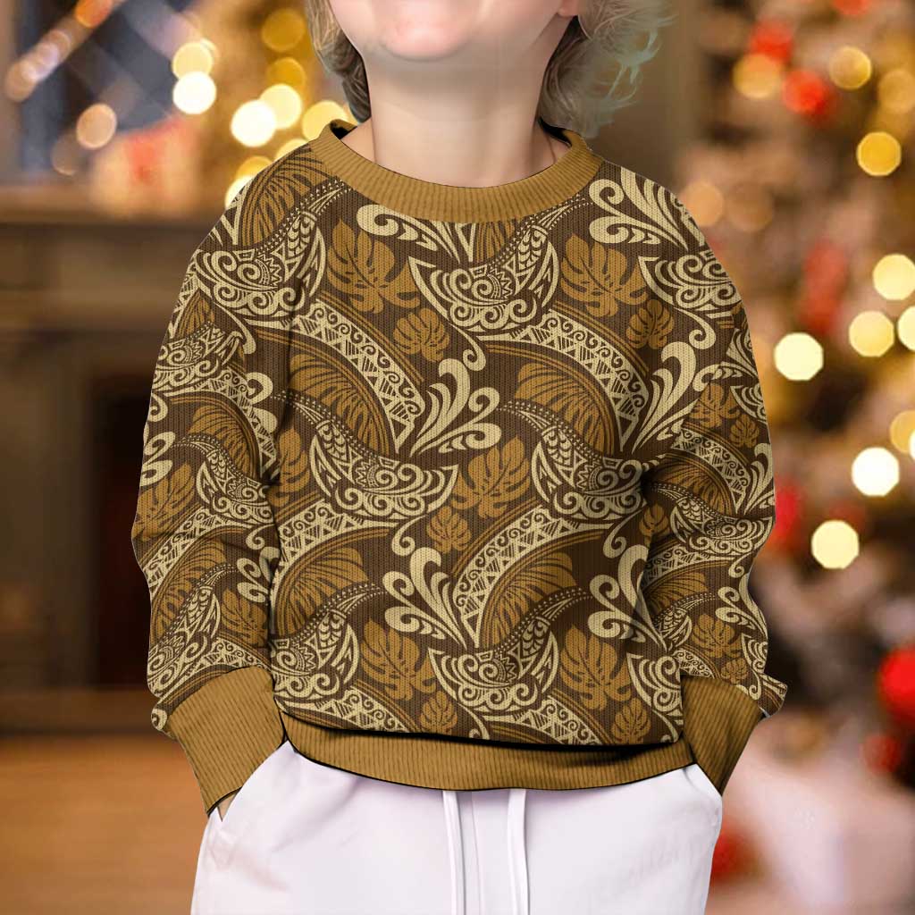 Brown Gold Monstera Kid Ugly Christmas Sweater Polynesian Tribal Pattern - Polynesian Pride