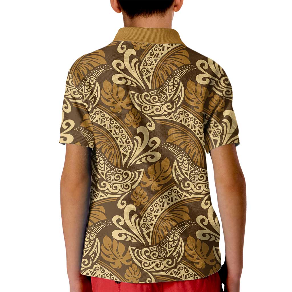Brown Gold Monstera Kid Polo Shirt Polynesian Tribal Pattern - Polynesian Pride