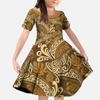 Brown Gold Monstera Kid Short Sleeve Dress Polynesian Tribal Pattern - Polynesian Pride