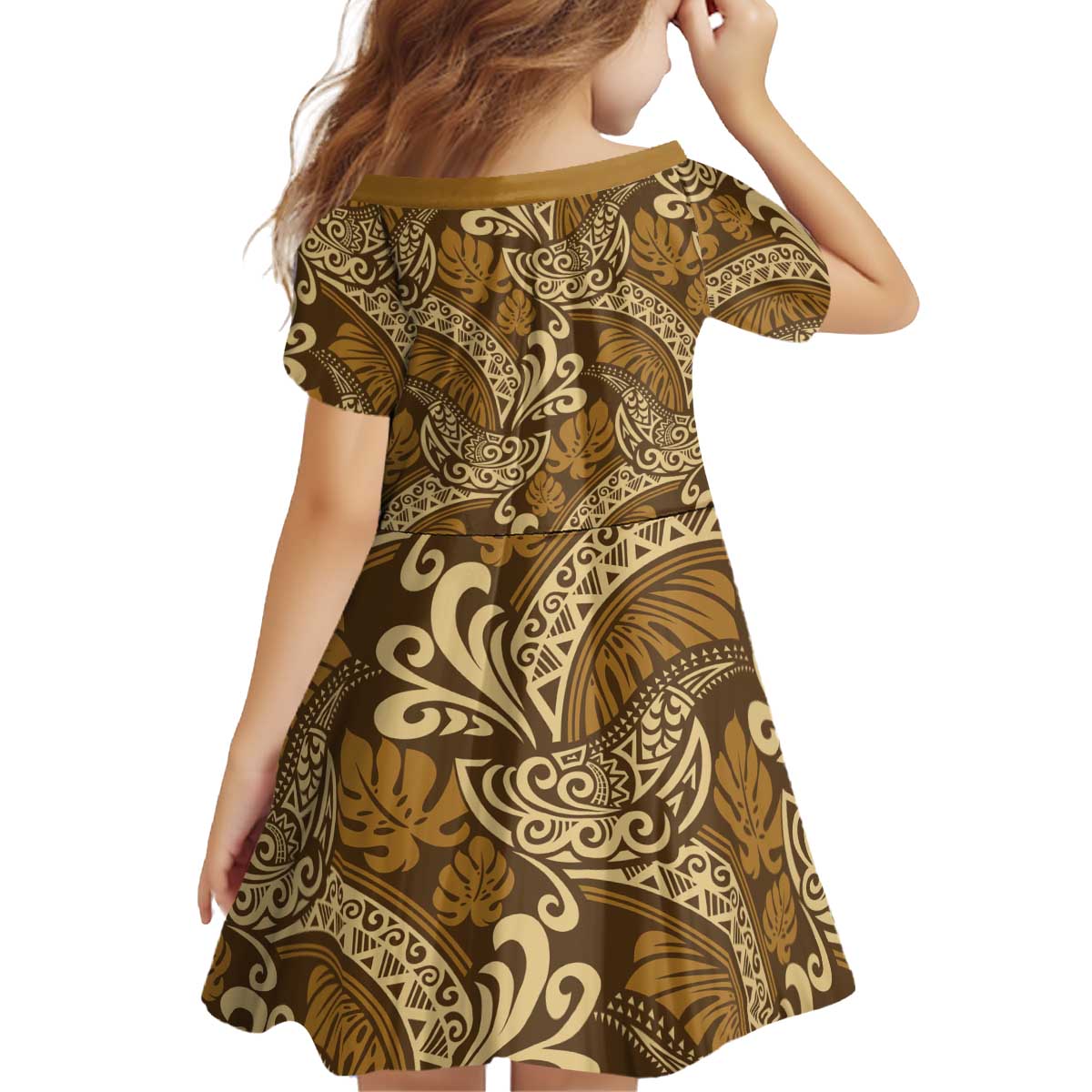 Brown Gold Monstera Kid Short Sleeve Dress Polynesian Tribal Pattern - Polynesian Pride