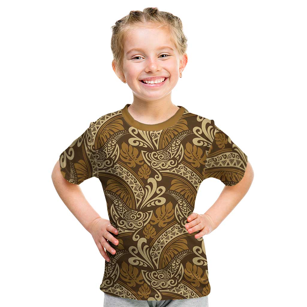 Brown Gold Monstera Kid T Shirt Polynesian Tribal Pattern - Polynesian Pride