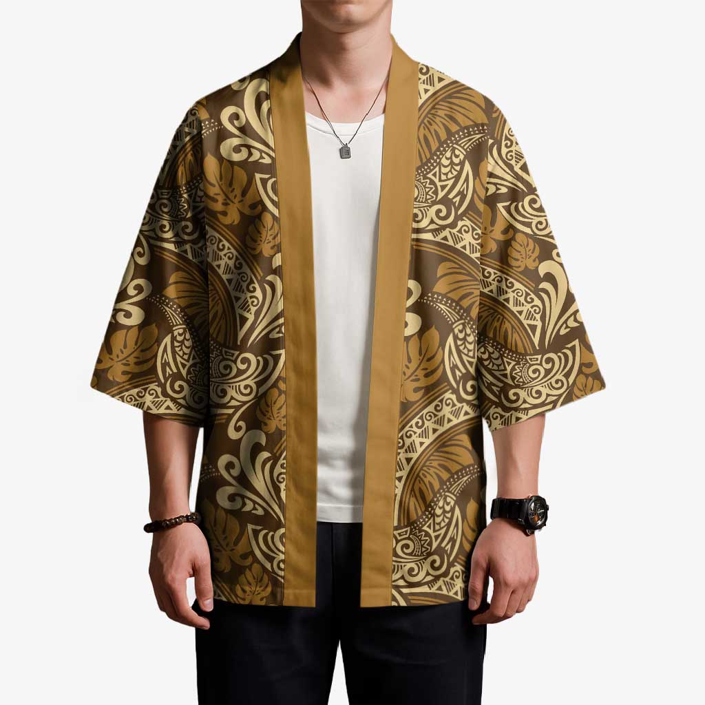 Brown Gold Monstera Kimono Polynesian Tribal Pattern - Polynesian Pride