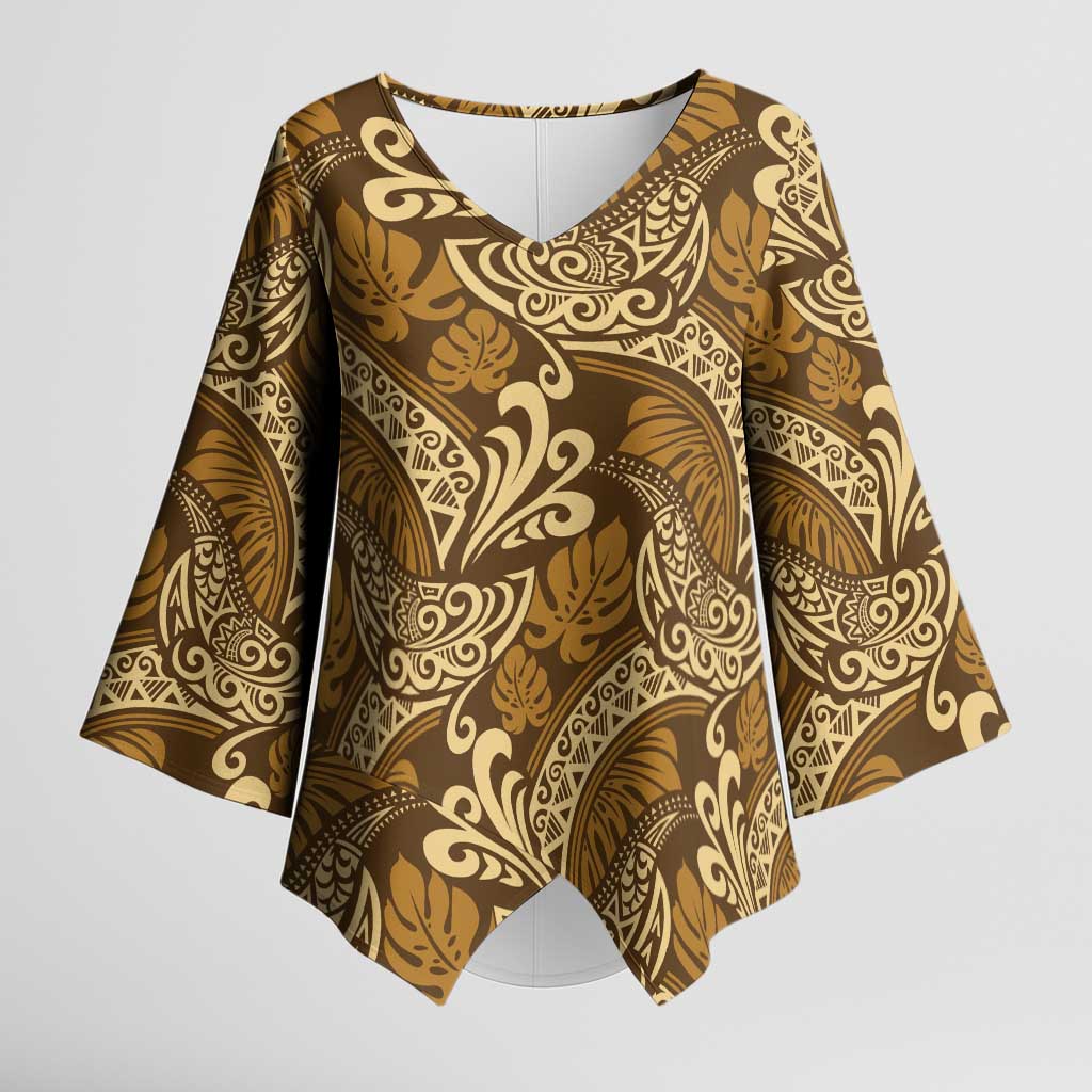 Brown Gold Monstera Kimono Sleeve Blouse Polynesian Tribal Pattern - Polynesian Pride