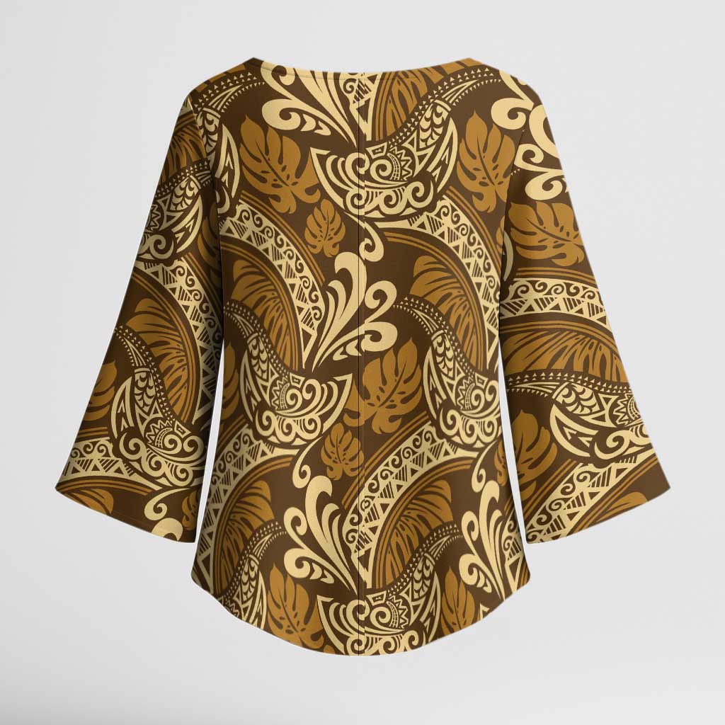 Brown Gold Monstera Kimono Sleeve Blouse Polynesian Tribal Pattern - Polynesian Pride