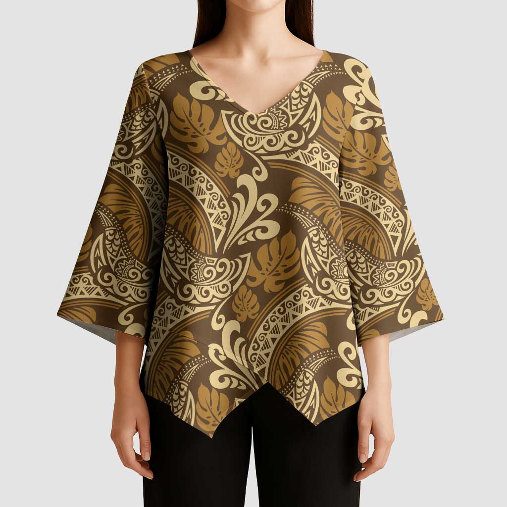 Brown Gold Monstera Kimono Sleeve Blouse Polynesian Tribal Pattern - Polynesian Pride