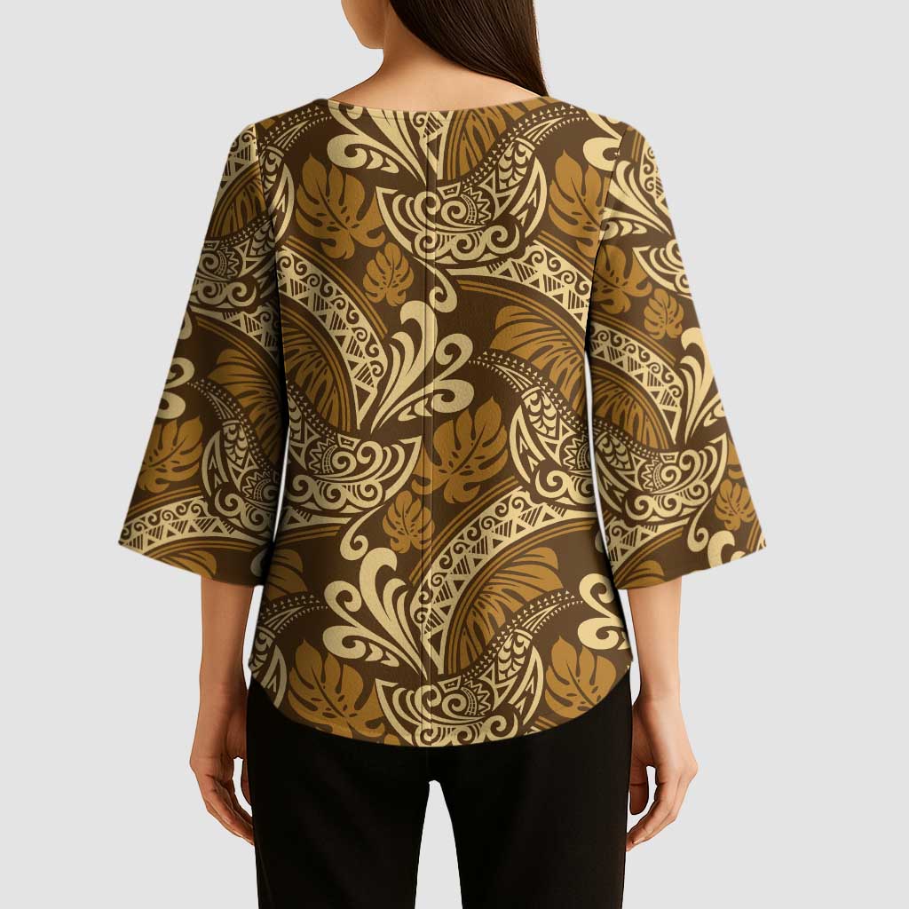 Brown Gold Monstera Kimono Sleeve Blouse Polynesian Tribal Pattern - Polynesian Pride