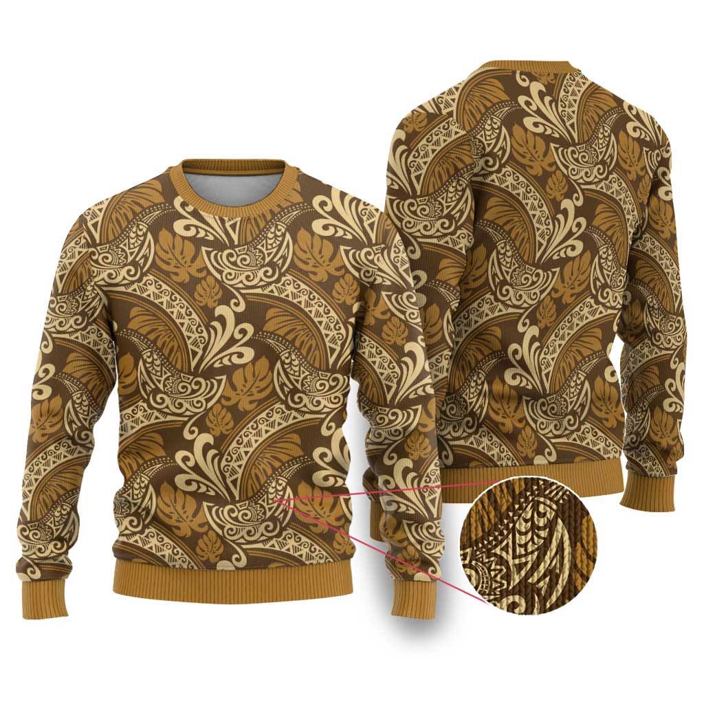 Brown Gold Monstera Ugly Christmas Sweater Polynesian Tribal Pattern - Polynesian Pride