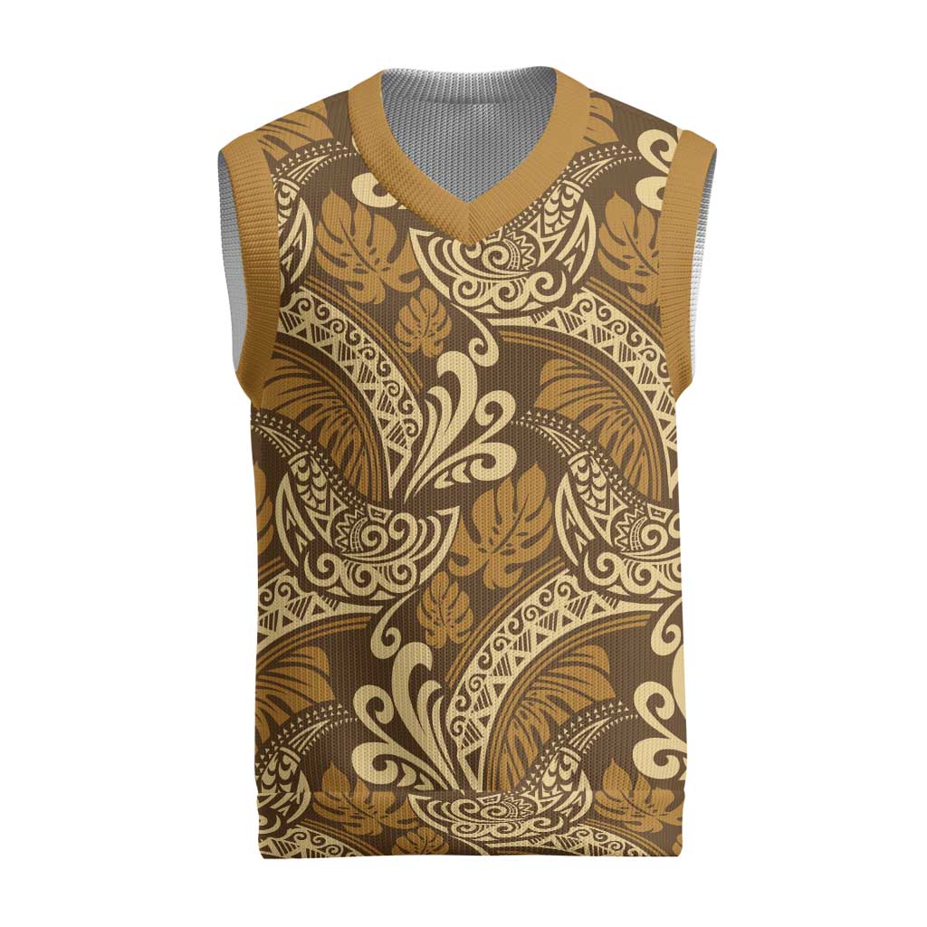 Brown Gold Monstera Christmas Knitted V-Neck Vest Polynesian Tribal Pattern - Polynesian Pride