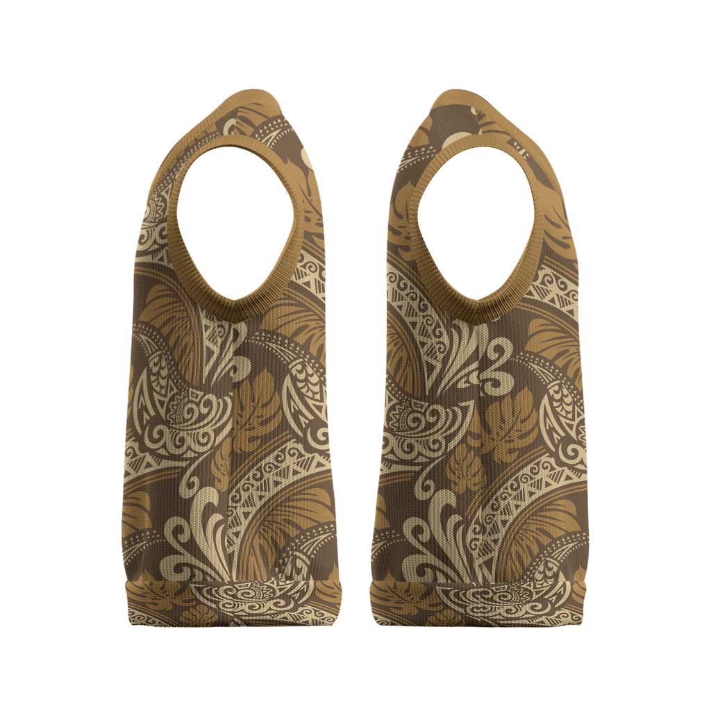 Brown Gold Monstera Christmas Knitted V-Neck Vest Polynesian Tribal Pattern - Polynesian Pride