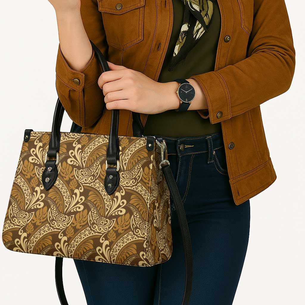 Brown Gold Monstera Leather Bag Polynesian Tribal Pattern - Polynesian Pride