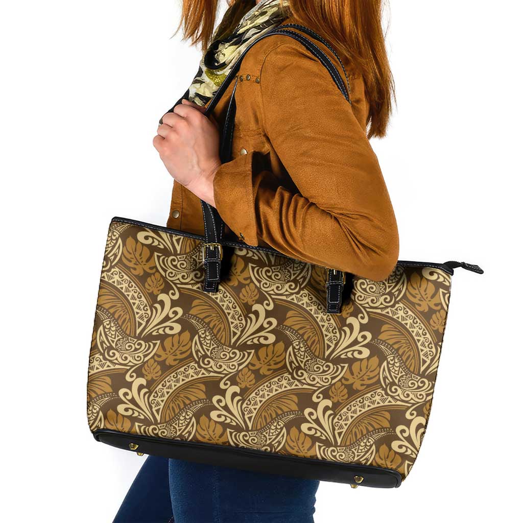 Brown Gold Monstera Leather Tote Bag Polynesian Tribal Pattern - Polynesian Pride