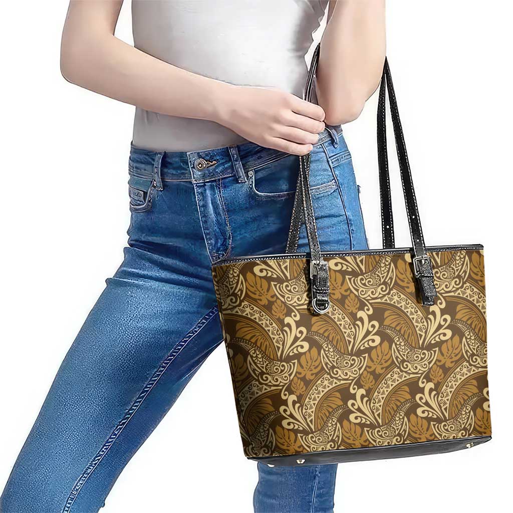 Brown Gold Monstera Leather Tote Bag Polynesian Tribal Pattern - Polynesian Pride