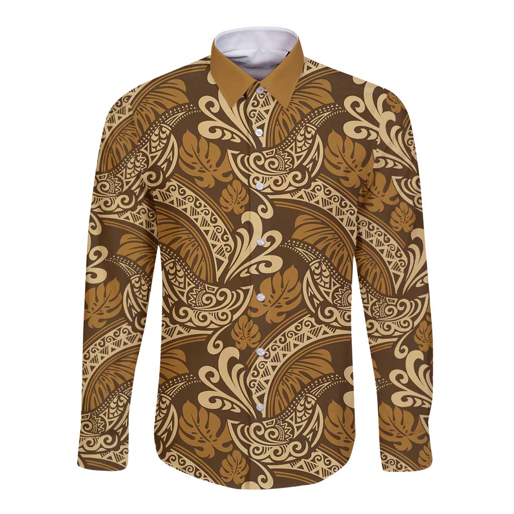 Brown Gold Monstera Long Sleeve Button Shirt Polynesian Tribal Pattern - Polynesian Pride
