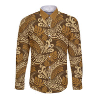 Brown Gold Monstera Long Sleeve Button Shirt Polynesian Tribal Pattern - Polynesian Pride
