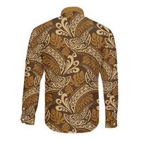 Brown Gold Monstera Long Sleeve Button Shirt Polynesian Tribal Pattern - Polynesian Pride