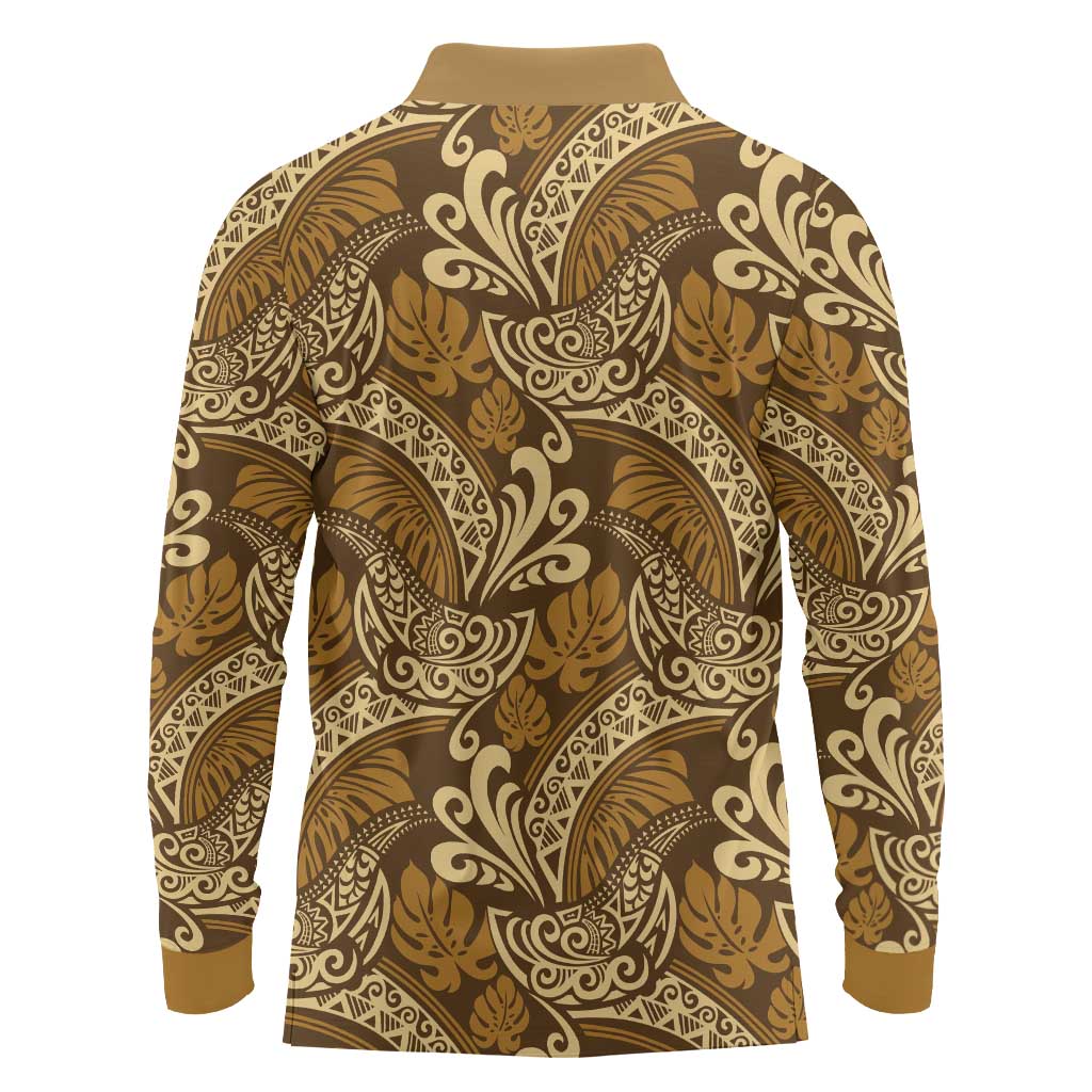 Brown Gold Monstera Long Sleeve Polo Shirt Polynesian Tribal Pattern - Polynesian Pride