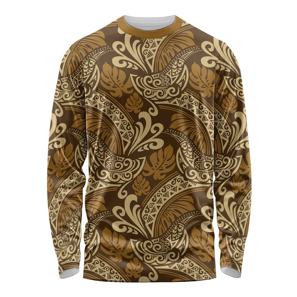 Brown Gold Monstera Long Sleeve Shirt Polynesian Tribal Pattern - Polynesian Pride
