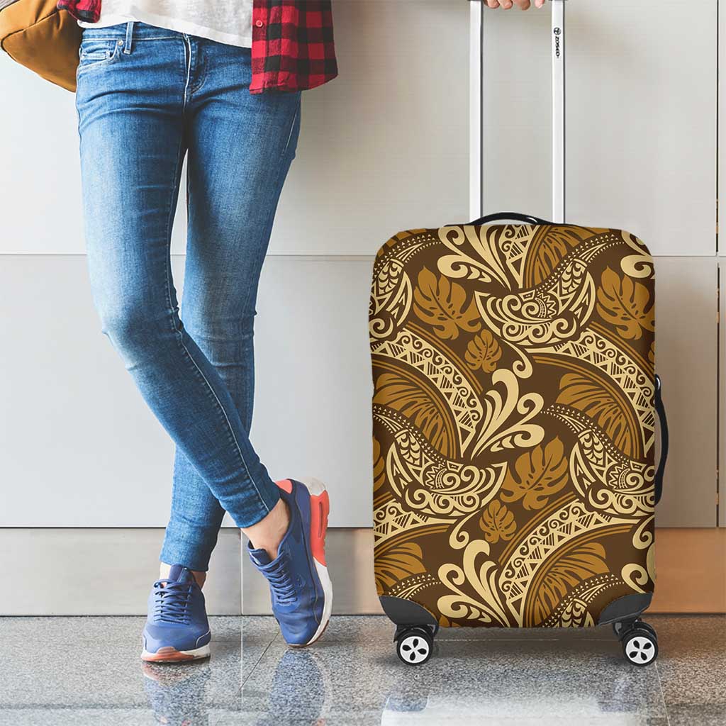 Brown Gold Monstera Luggage Cover Polynesian Tribal Pattern - Polynesian Pride