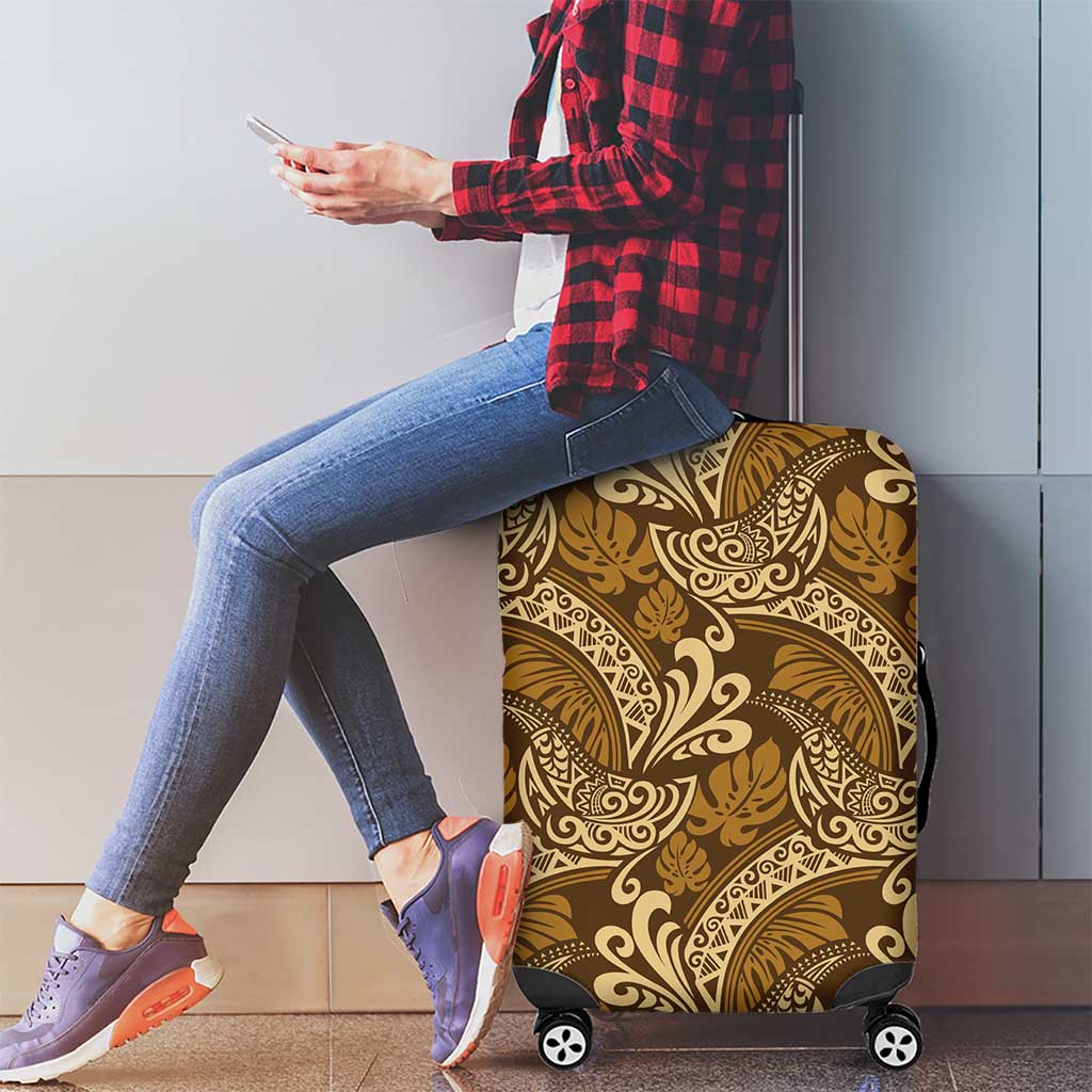 Brown Gold Monstera Luggage Cover Polynesian Tribal Pattern - Polynesian Pride