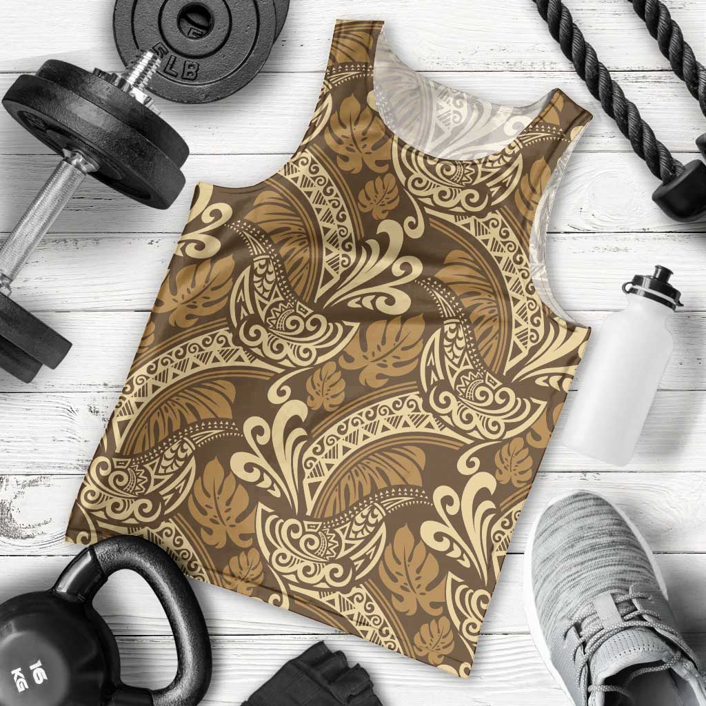 Brown Gold Monstera Men Tank Top Polynesian Tribal Pattern - Polynesian Pride