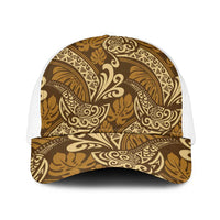 Brown Gold Monstera Mesh Trucker Cap Polynesian Tribal Pattern - Polynesian Pride