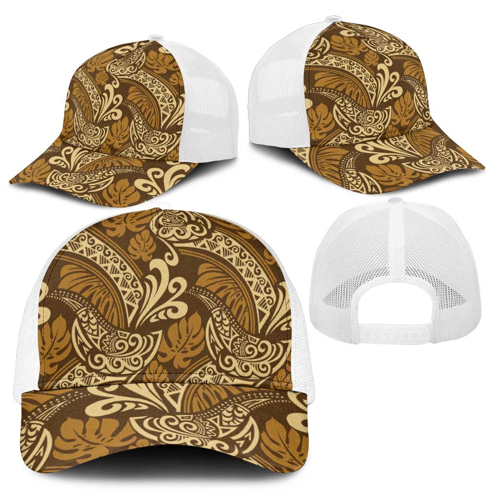 Brown Gold Monstera Mesh Trucker Cap Polynesian Tribal Pattern - Polynesian Pride