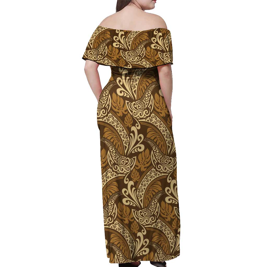 Brown Gold Monstera Off Shoulder Maxi Dress Polynesian Tribal Pattern - Polynesian Pride