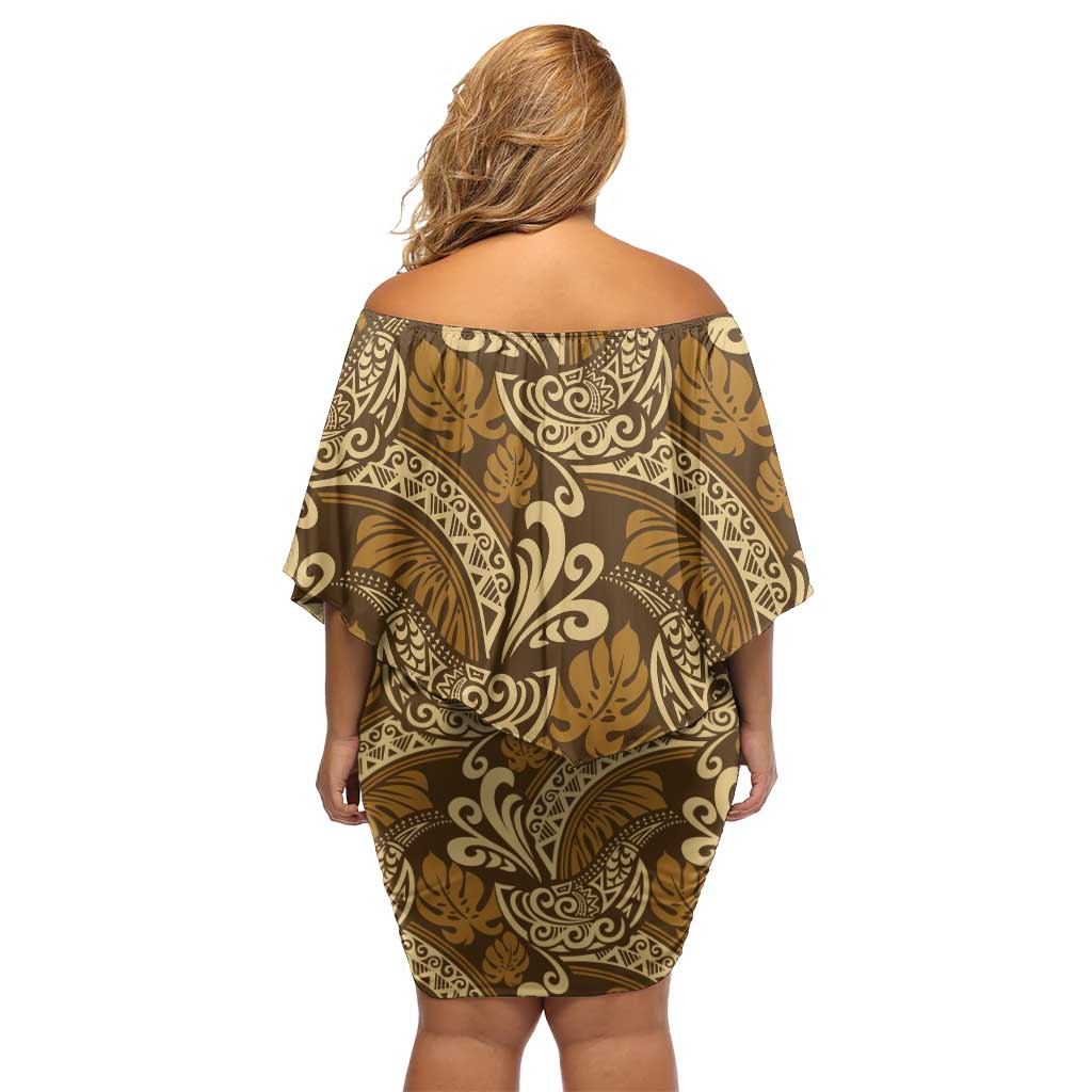 Brown Gold Monstera Off Shoulder Short Dress Polynesian Tribal Pattern - Polynesian Pride