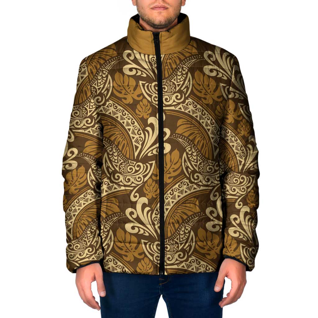 Brown Gold Monstera Padded Jacket Polynesian Tribal Pattern - Polynesian Pride