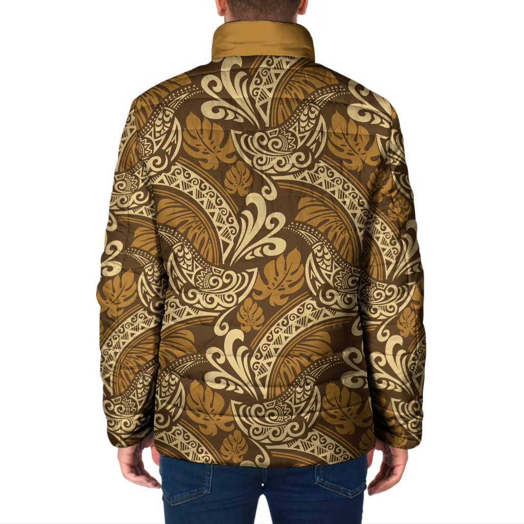 Brown Gold Monstera Padded Jacket Polynesian Tribal Pattern - Polynesian Pride
