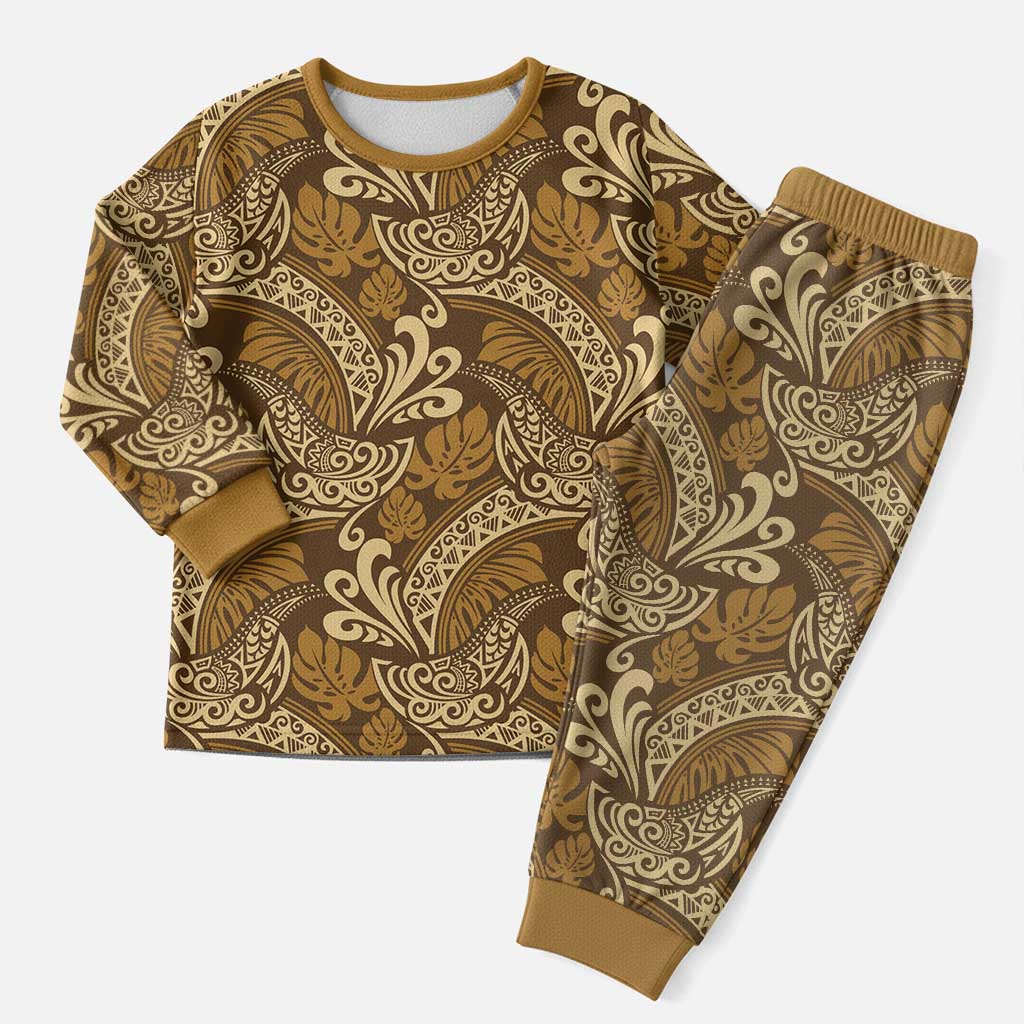 Brown Gold Monstera Christmas Pajama Set Polynesian Tribal Pattern - Polynesian Pride