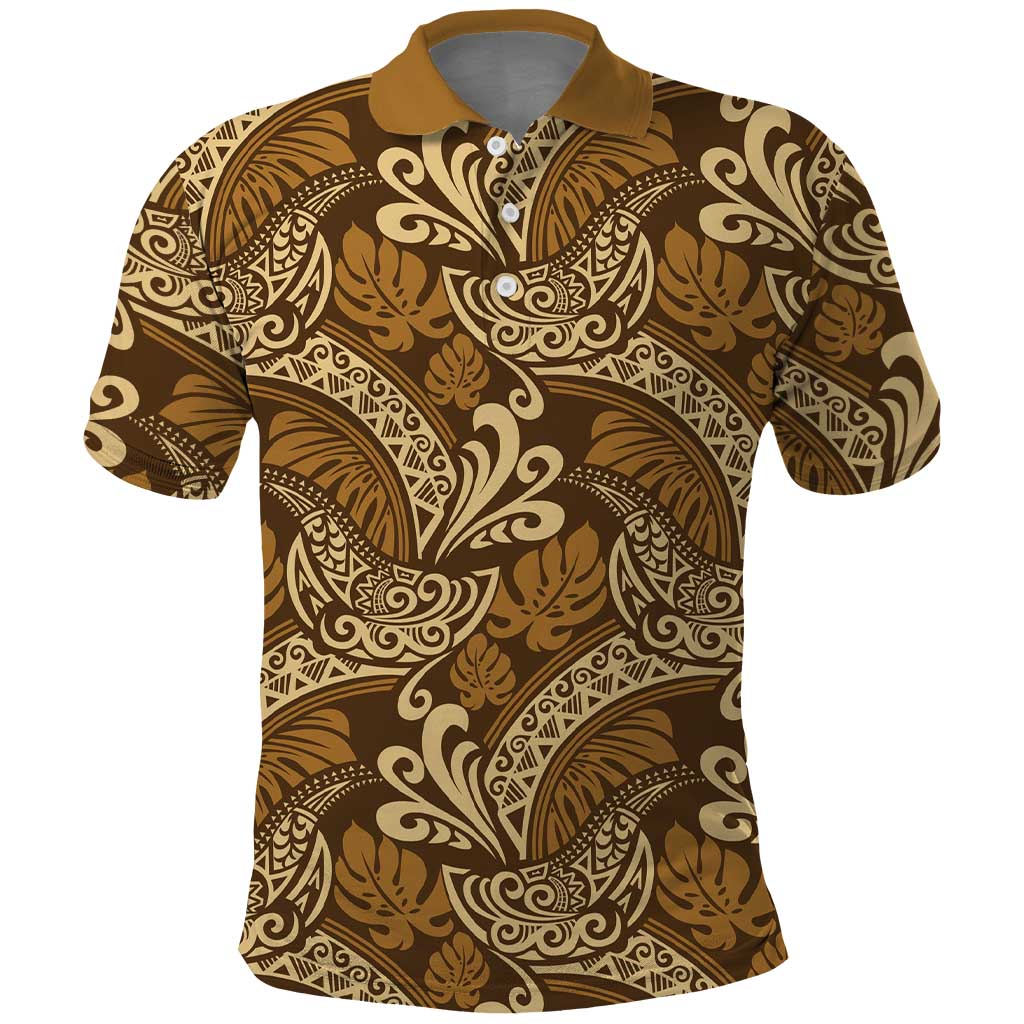 Brown Gold Monstera Polo Shirt Polynesian Tribal Pattern - Polynesian Pride