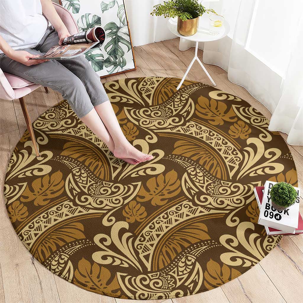 Brown Gold Monstera Round Carpet Polynesian Tribal Pattern - Polynesian Pride